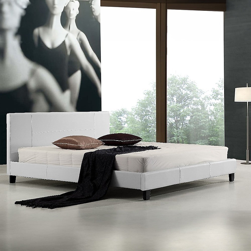 Bed Frame King Size PU Leather Platform Modern White Finish