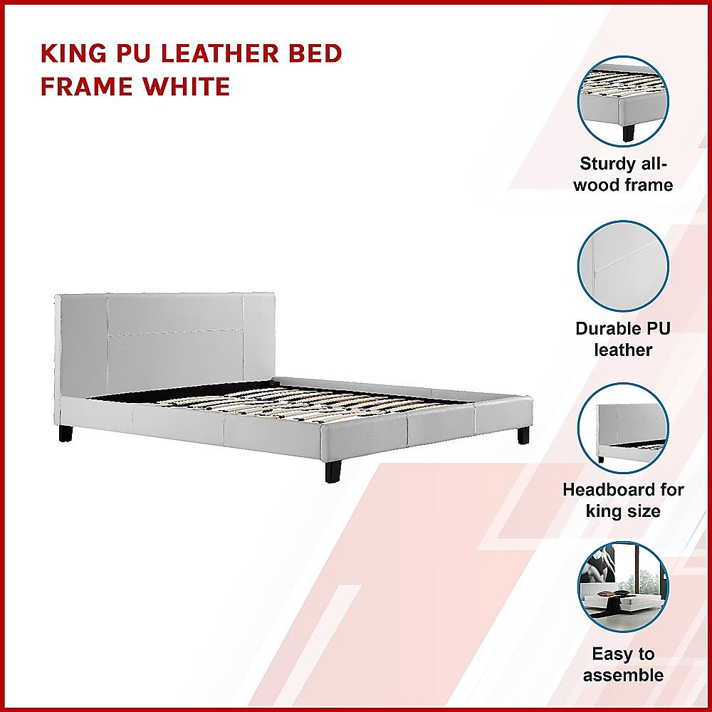 Bed Frame King Size PU Leather Platform Modern White Finish