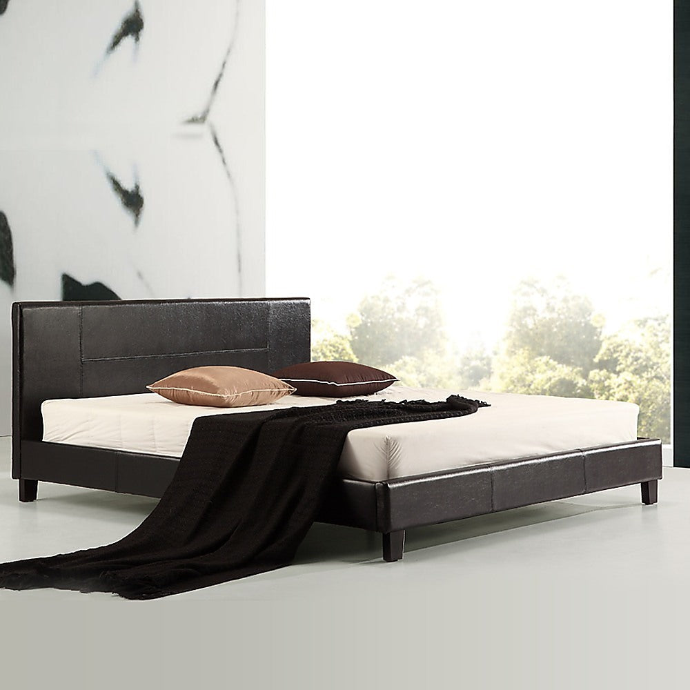 Bed Frame King Size PU Leather Platform Modern Black Finish
