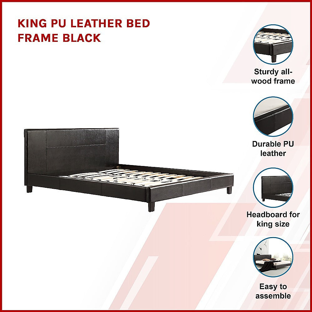 Bed Frame King Size PU Leather Platform Modern Black Finish