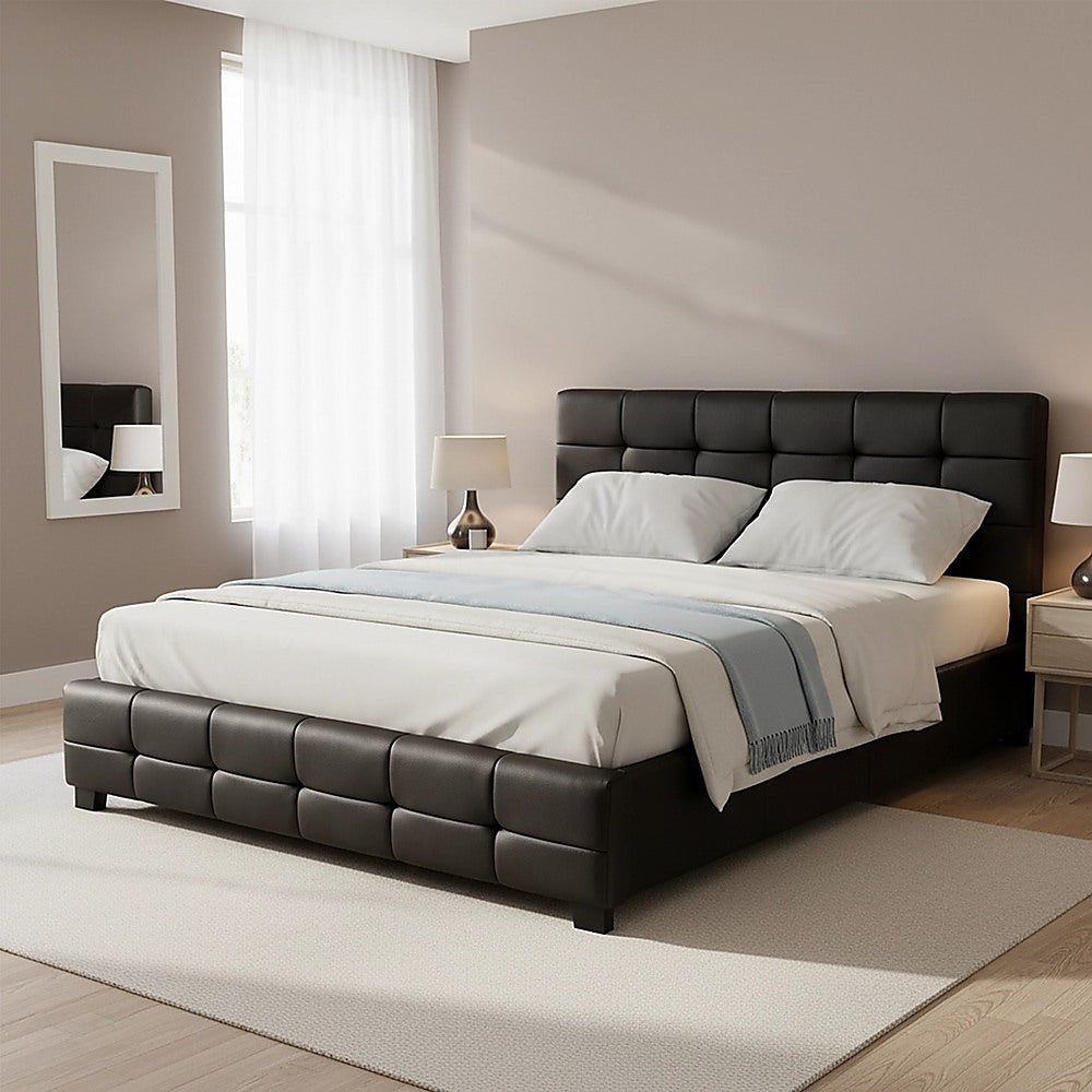 Double Bed Frame PU Leather Button Tufted Headboard Black