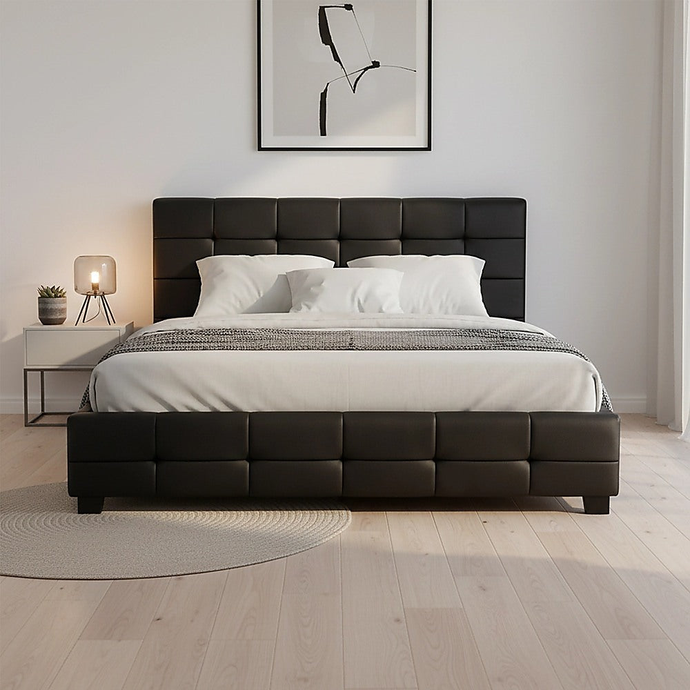 Double Bed Frame PU Leather Button Tufted Headboard Black