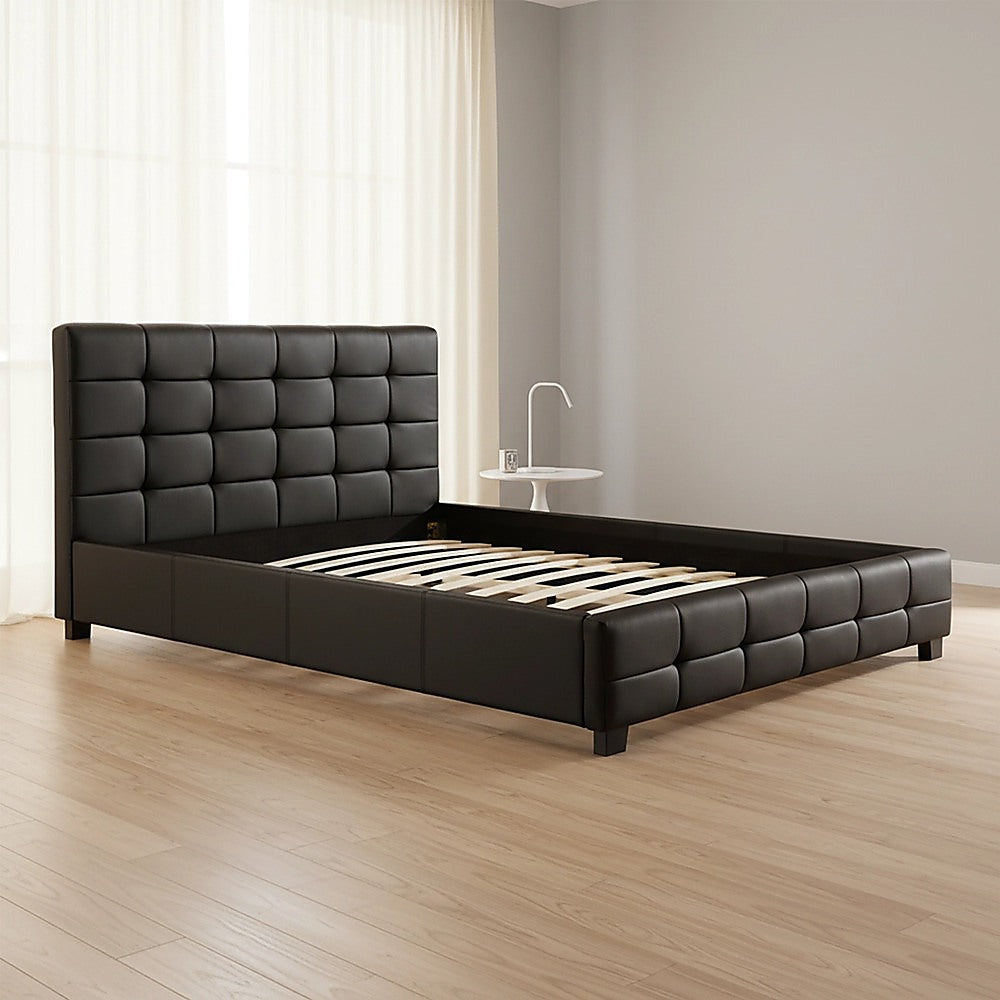 Double Bed Frame PU Leather Button Tufted Headboard Black