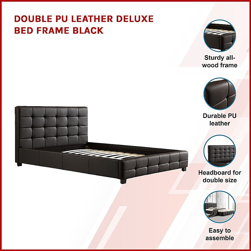 Double Bed Frame PU Leather Button Tufted Headboard Black