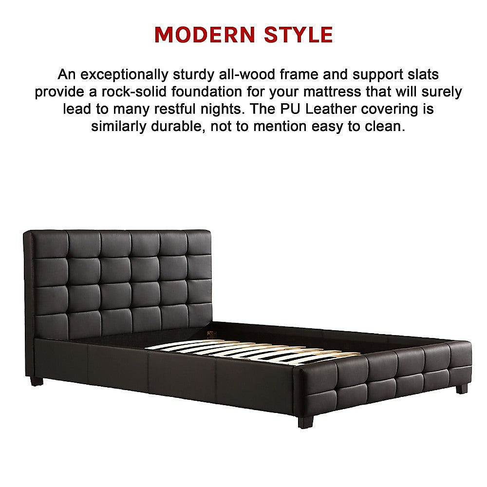 Double Bed Frame PU Leather Button Tufted Headboard Black