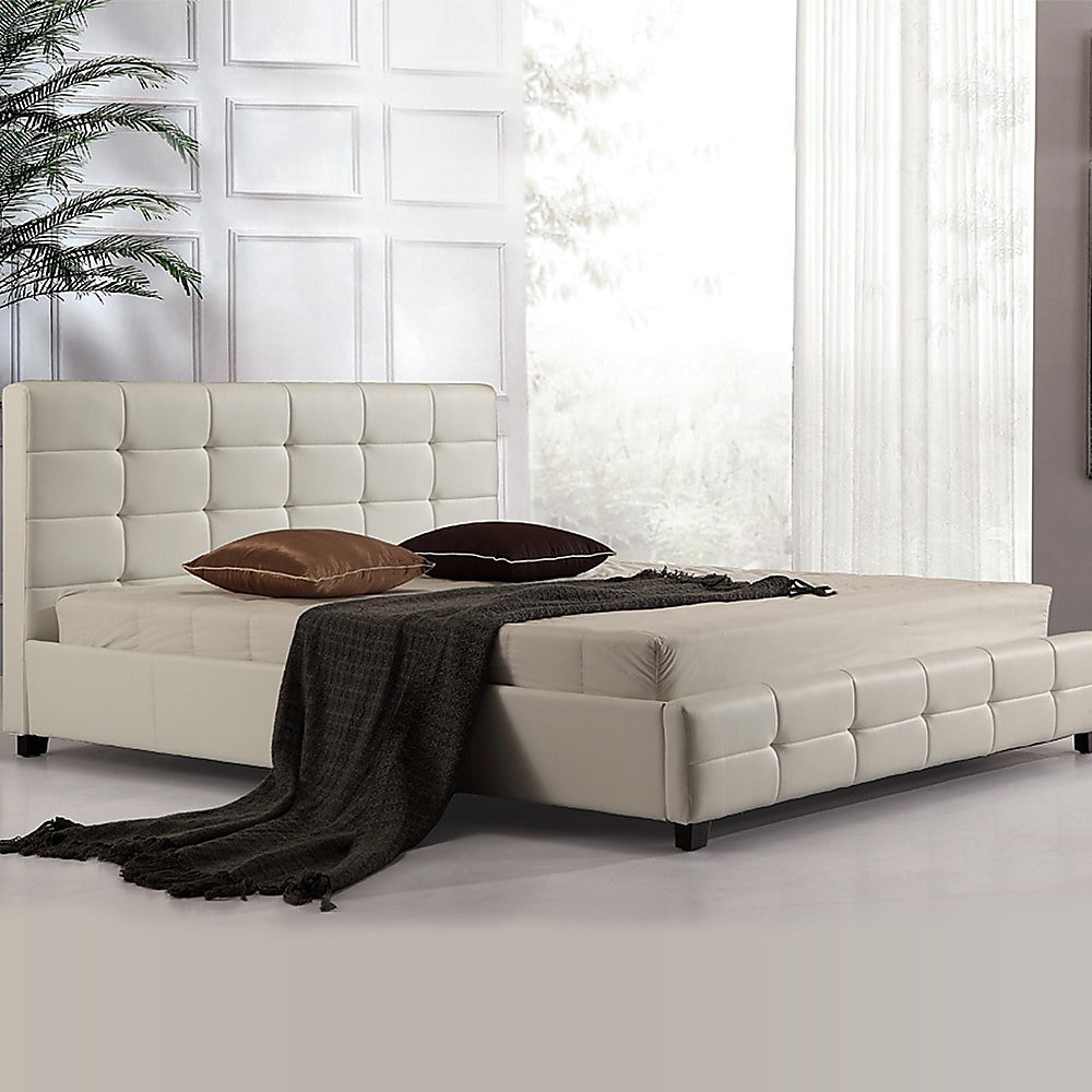 King Bed Frame PU Leather Button Tufted Headboard White Design