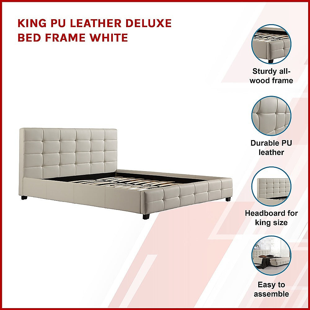 King Bed Frame PU Leather Button Tufted Headboard White Design
