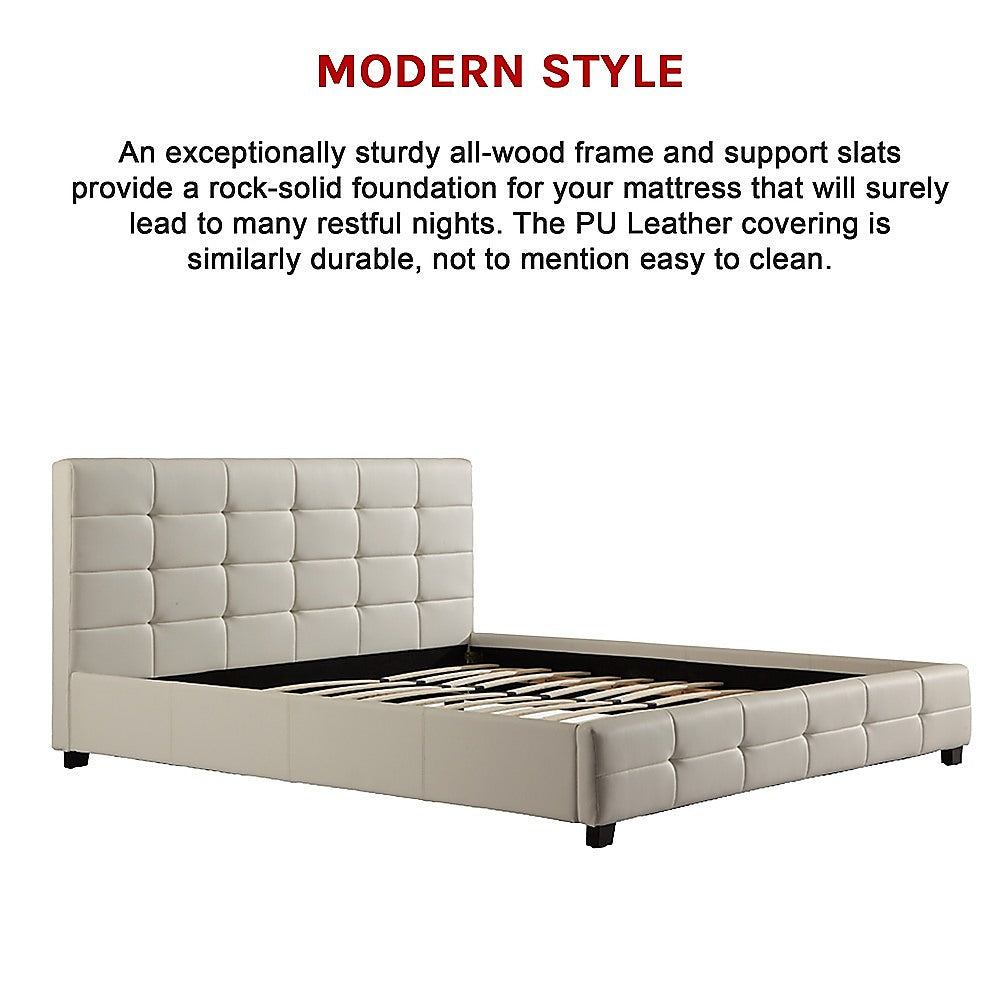 King Bed Frame PU Leather Button Tufted Headboard White Design