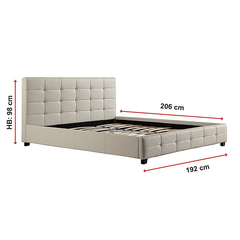 King Bed Frame PU Leather Button Tufted Headboard White Design