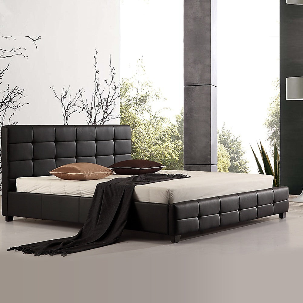 King Bed Frame PU Leather Button Tufted Headboard Black Design