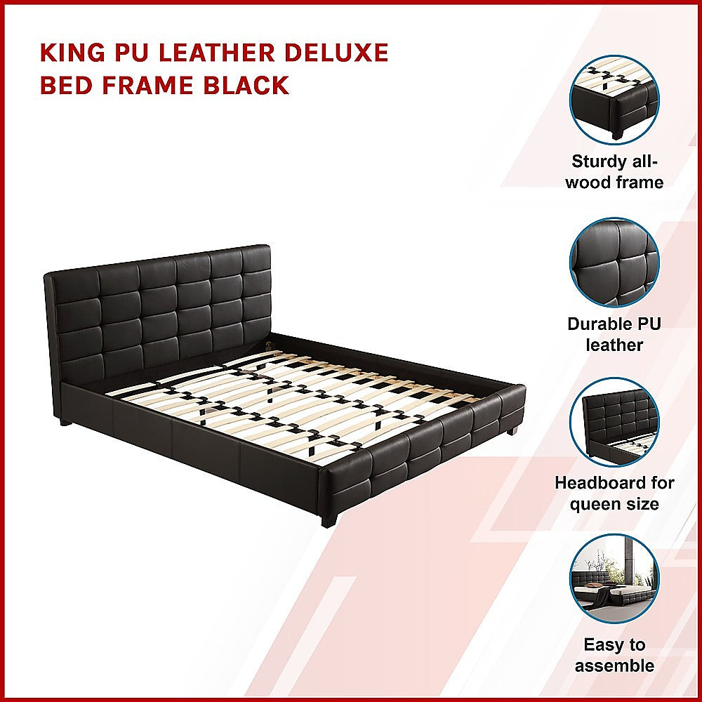 King Bed Frame PU Leather Button Tufted Headboard Black Design