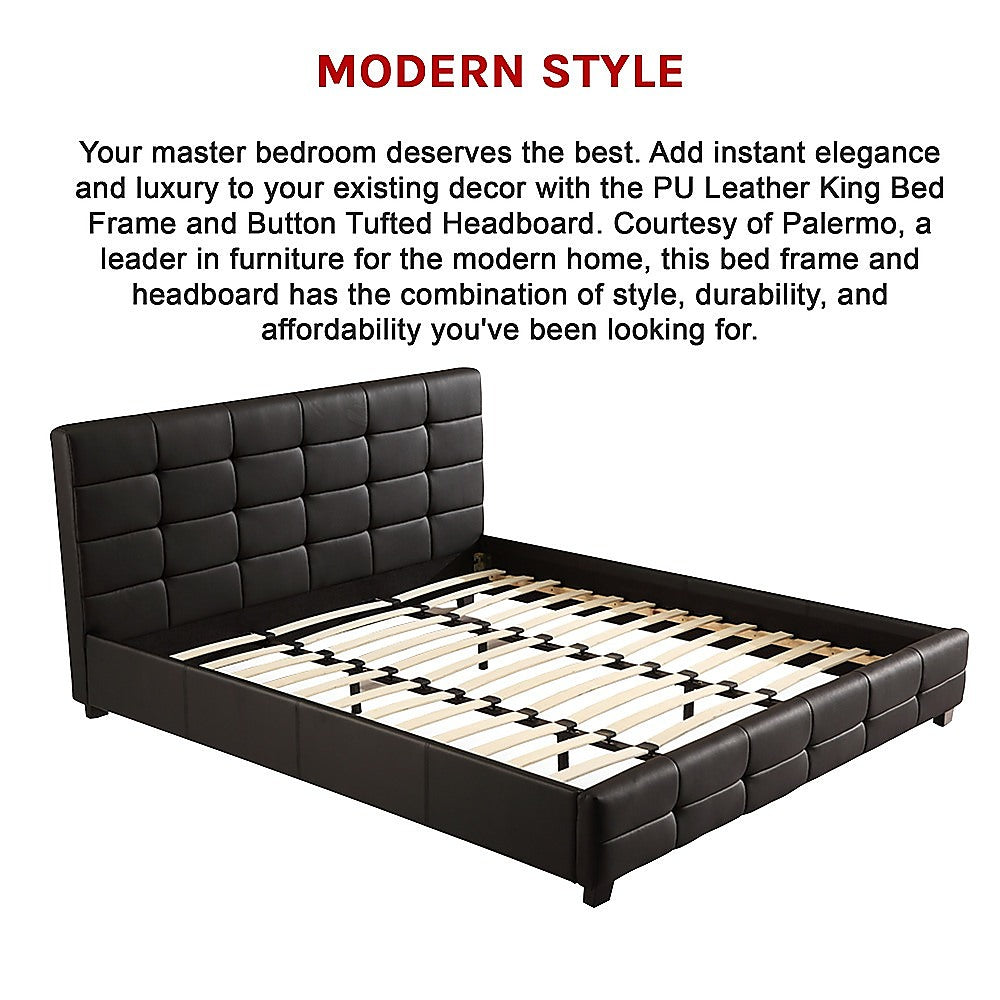 King Bed Frame PU Leather Button Tufted Headboard Black Design