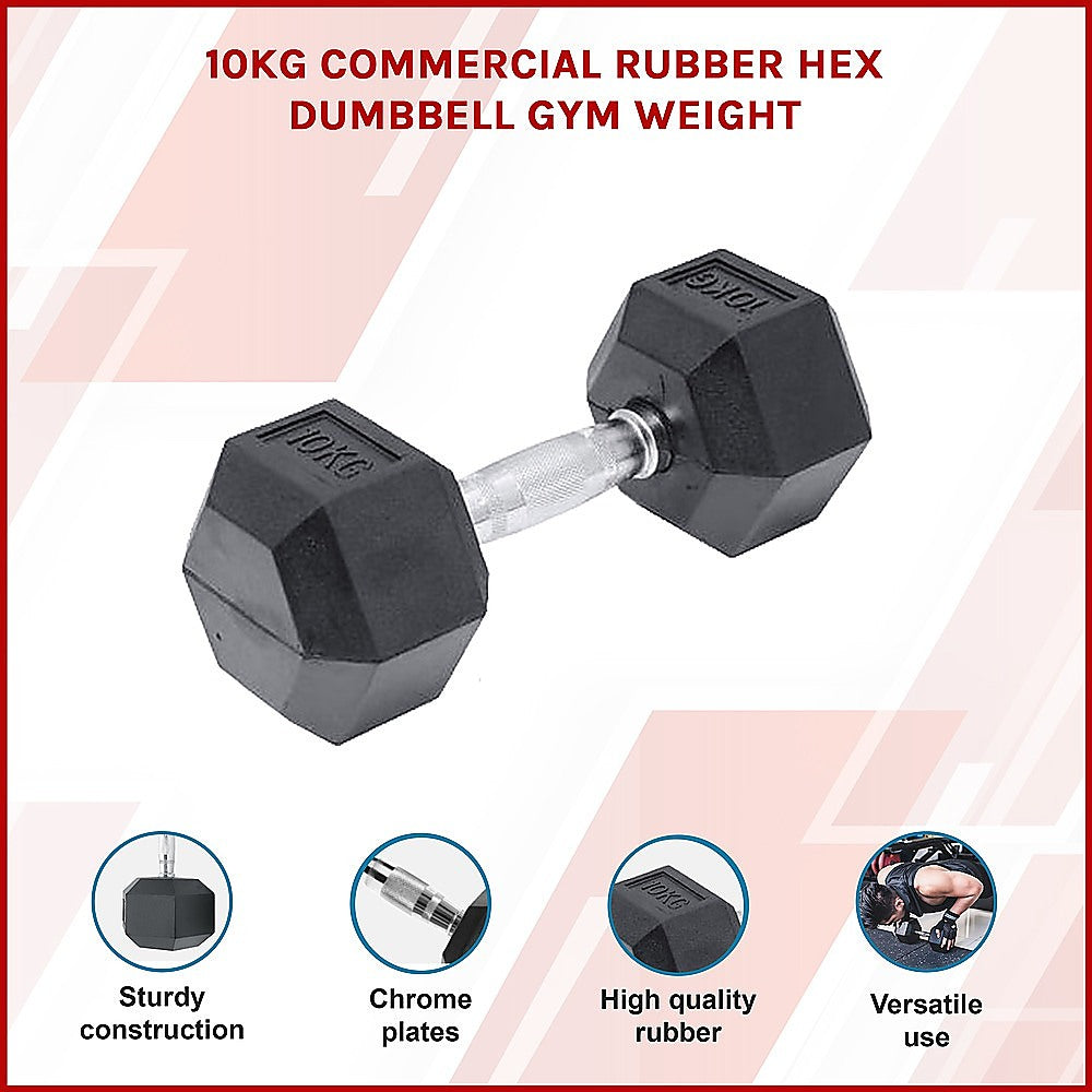 10Kg Commercial Rubber Hex Dumbbell Gym Weight