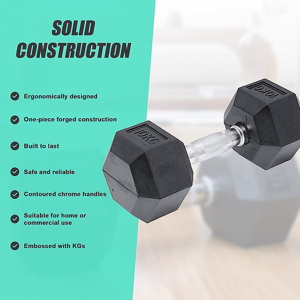 10Kg Commercial Rubber Hex Dumbbell Gym Weight