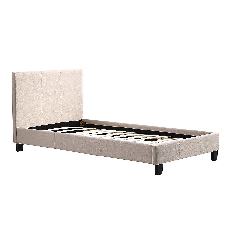 Single Bed Frame Linen Fabric Upholstered Modern Beige Design