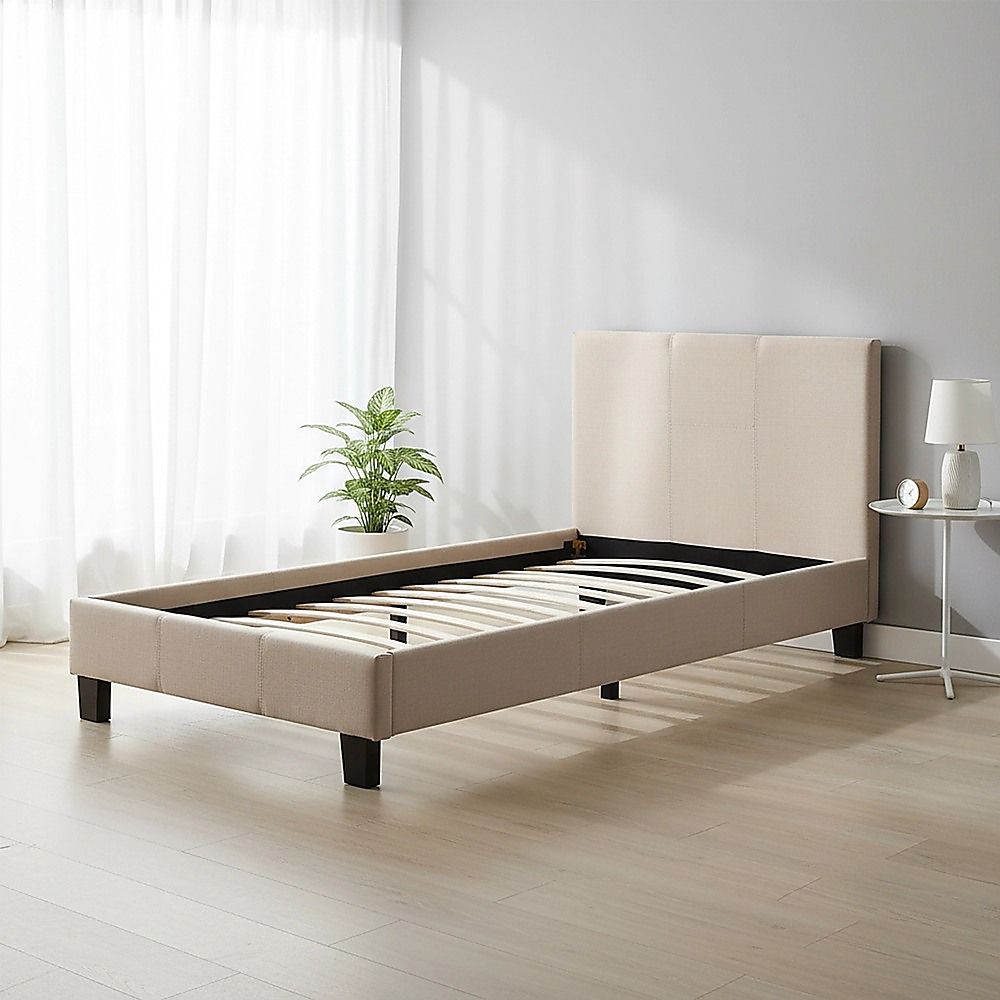Single Bed Frame Linen Fabric Upholstered Modern Beige Design