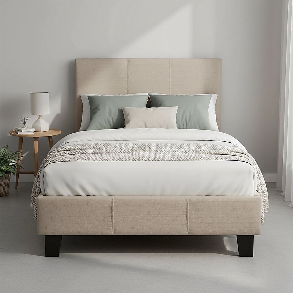 Single Bed Frame Linen Fabric Upholstered Modern Beige Design