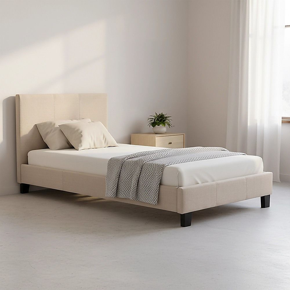 Single Bed Frame Linen Fabric Upholstered Modern Beige Design