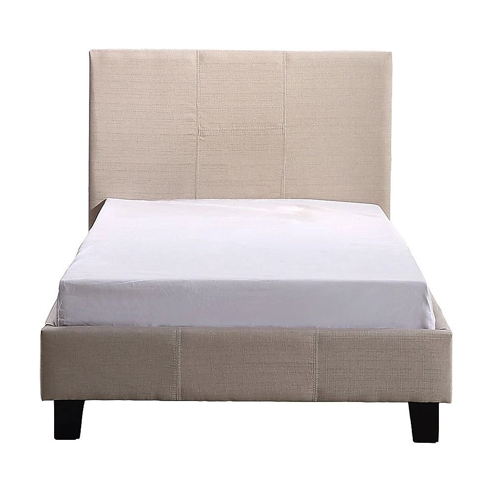 Single Bed Frame Linen Fabric Upholstered Modern Beige Design
