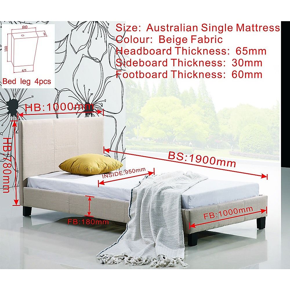 Single Bed Frame Linen Fabric Upholstered Modern Beige Design
