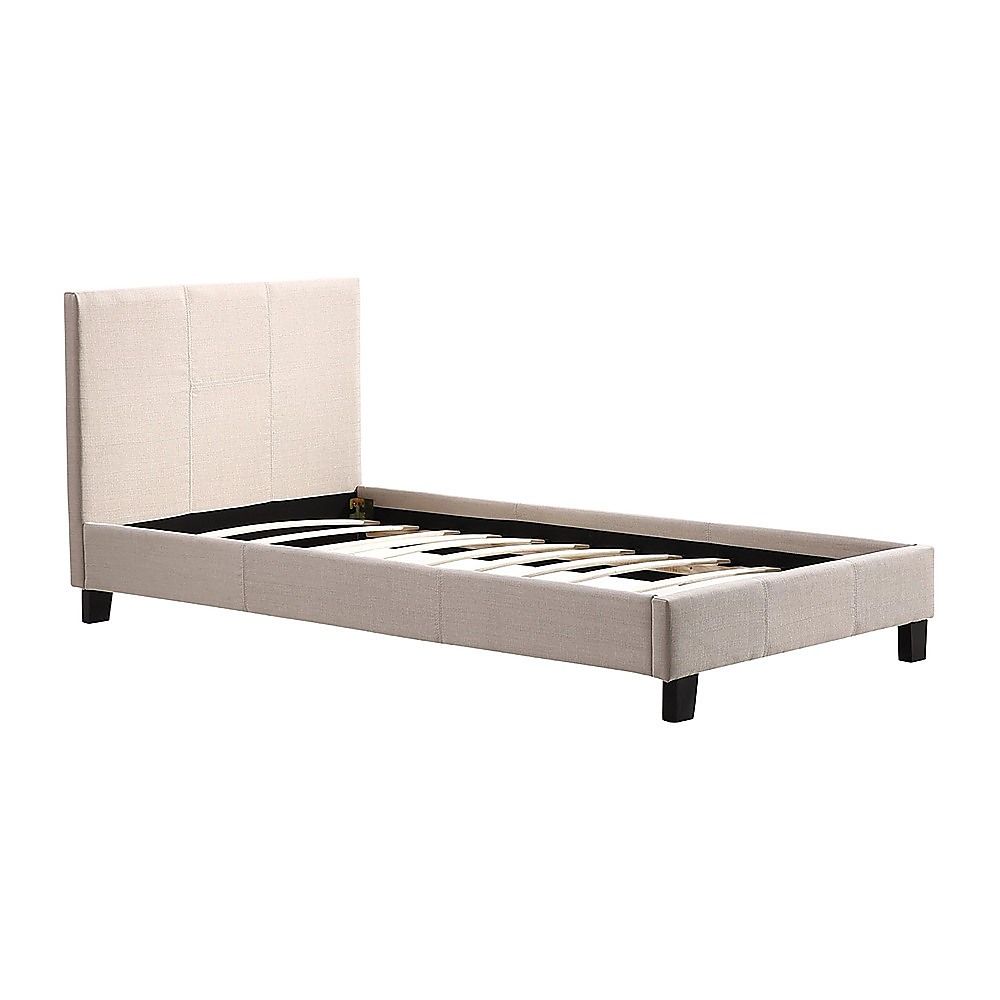 Single Bed Frame Linen Fabric Upholstered Modern Beige Design