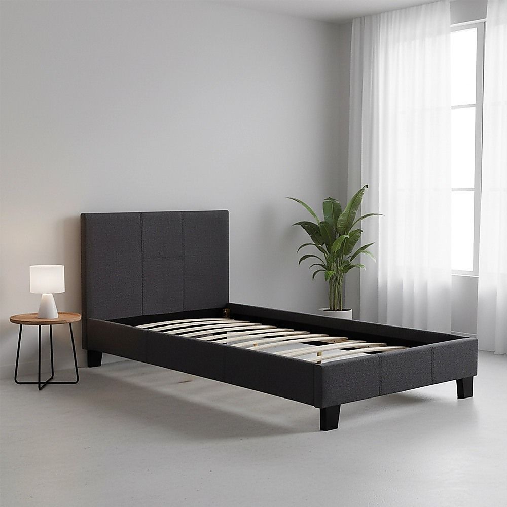 Single Bed Frame Linen Fabric Upholstered Modern Grey Design