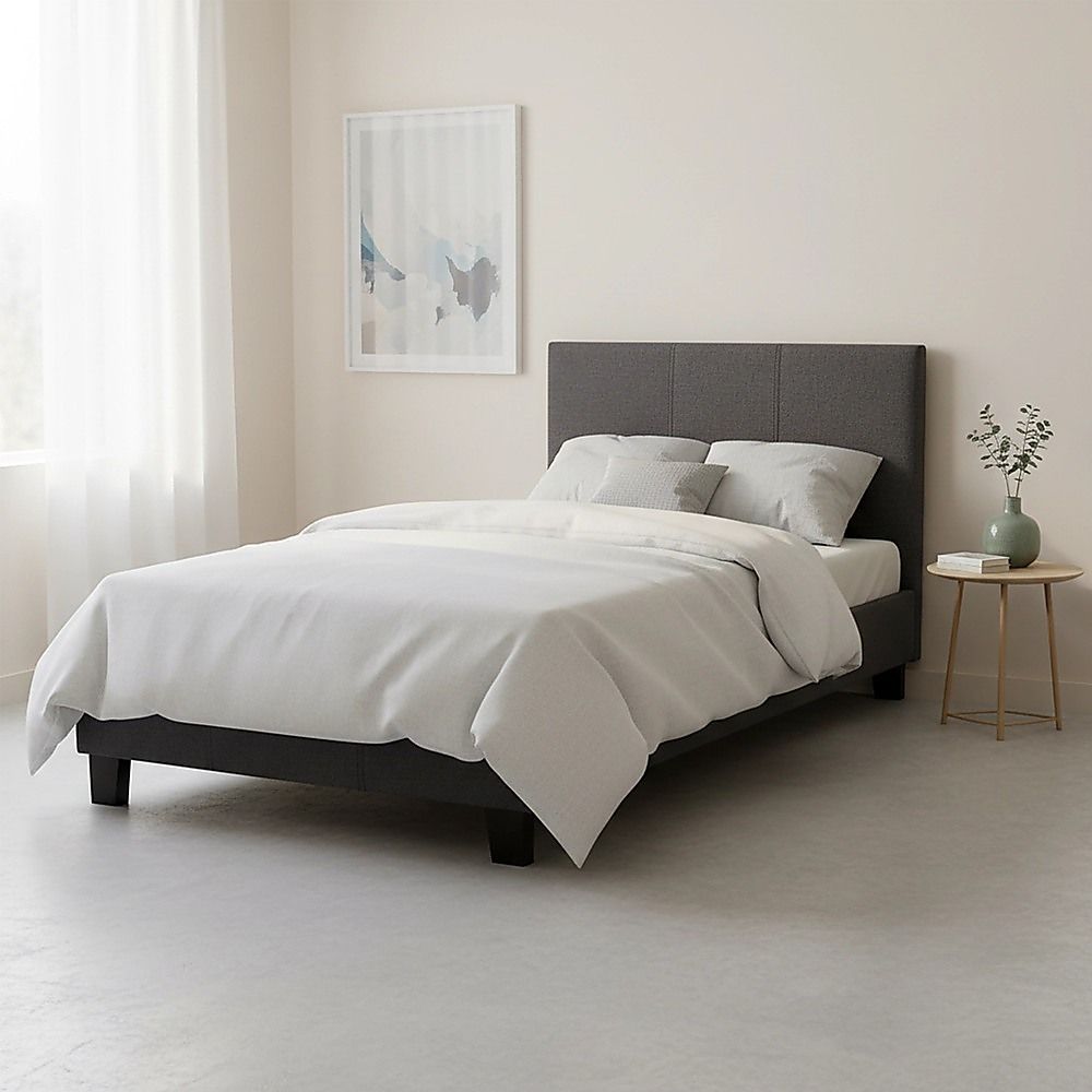 Single Bed Frame Linen Fabric Upholstered Modern Grey Design
