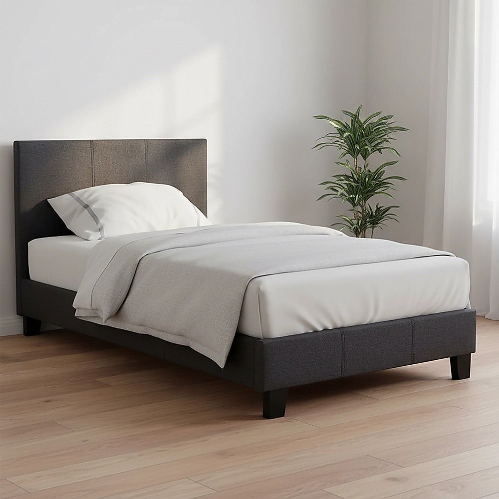 Single Bed Frame Linen Fabric Upholstered Modern Grey Design