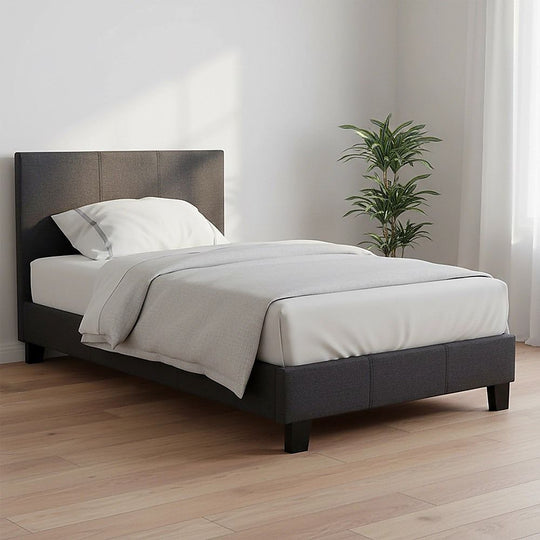 Single - Single Bed Frame Linen Fabric Upholstered Modern Grey Design