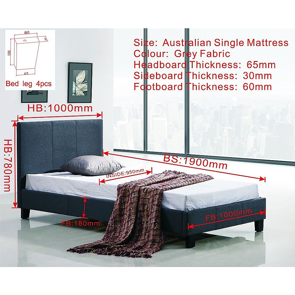 Single Bed Frame Linen Fabric Upholstered Modern Grey Design
