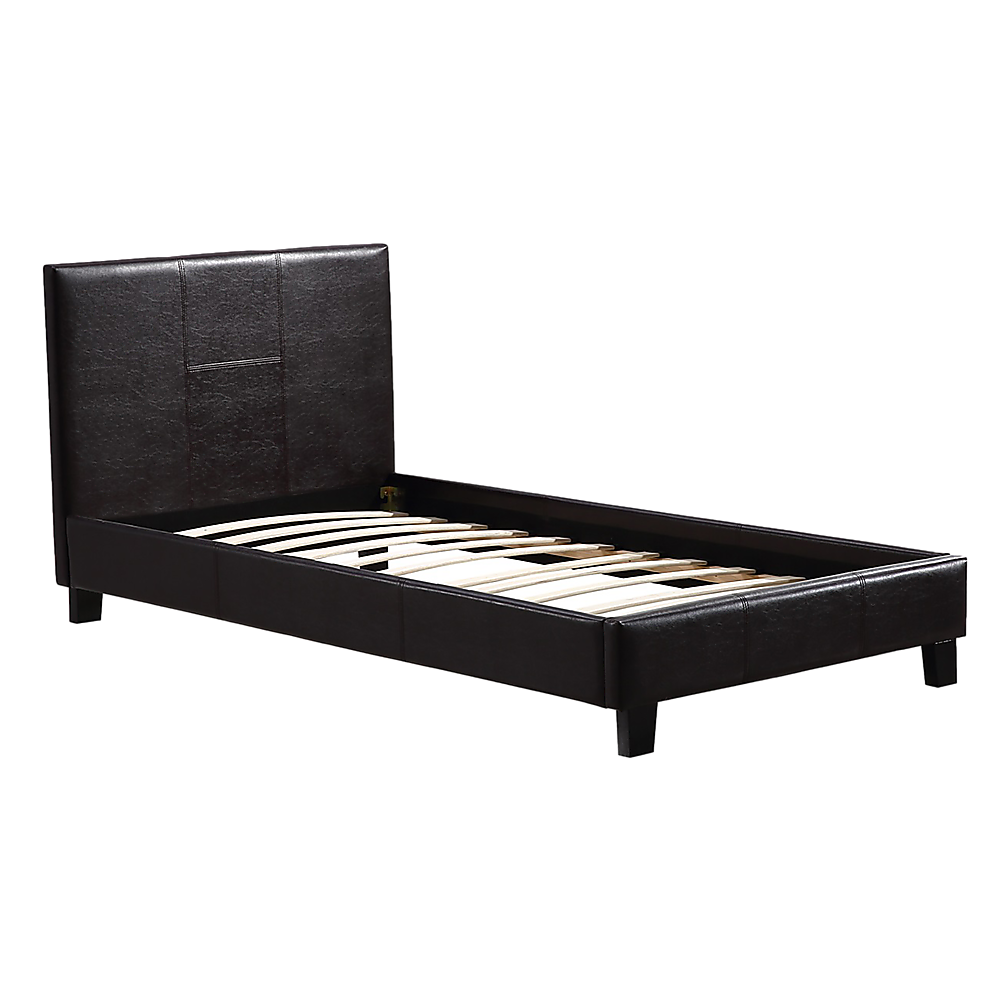 Single Bed Frame PU Leather Upholstered Modern Brown Design