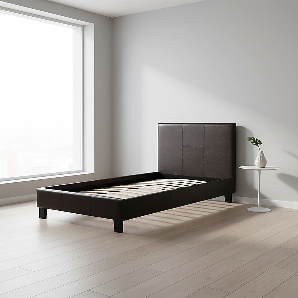 Single Bed Frame PU Leather Upholstered Modern Brown Design