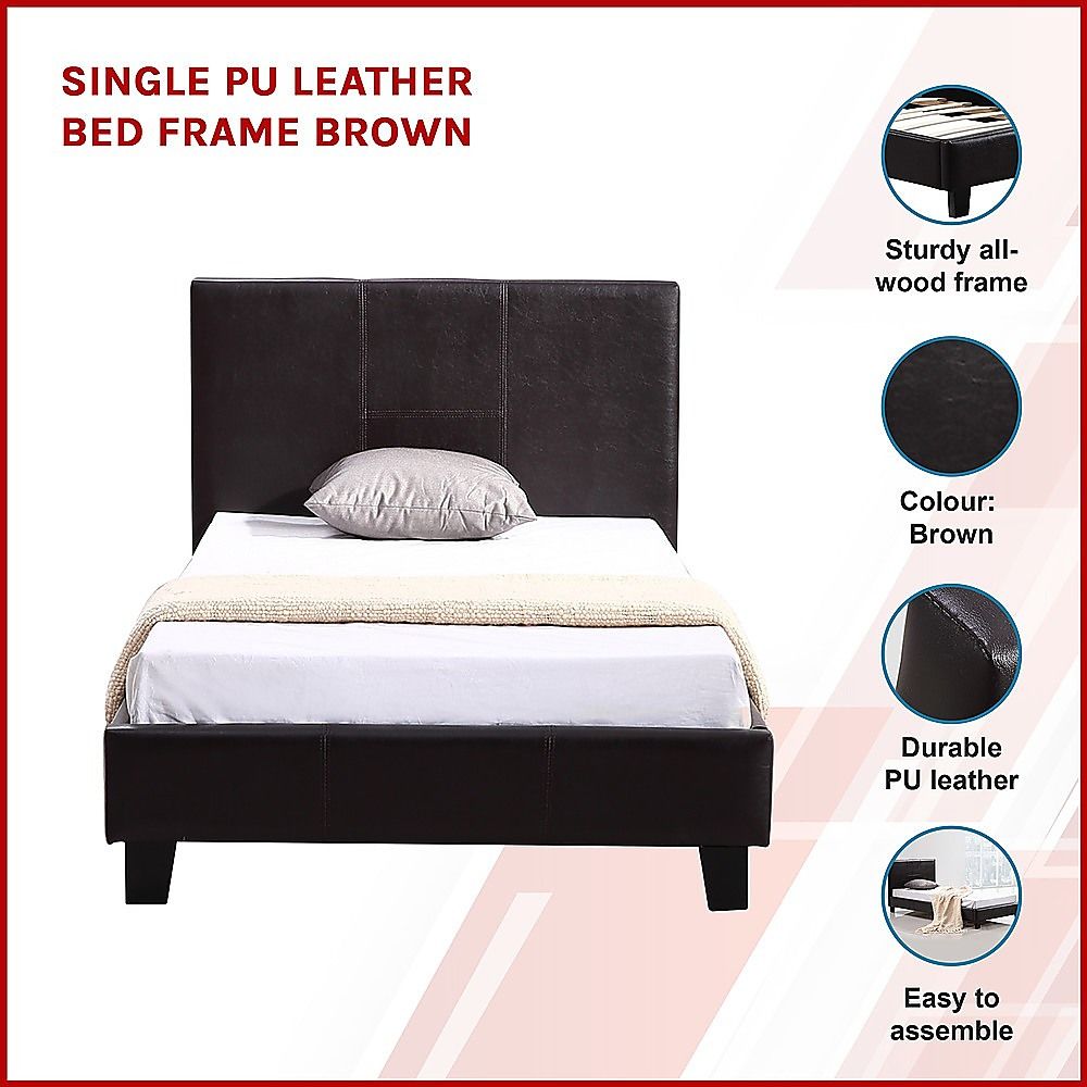 Single Bed Frame PU Leather Upholstered Modern Brown Design