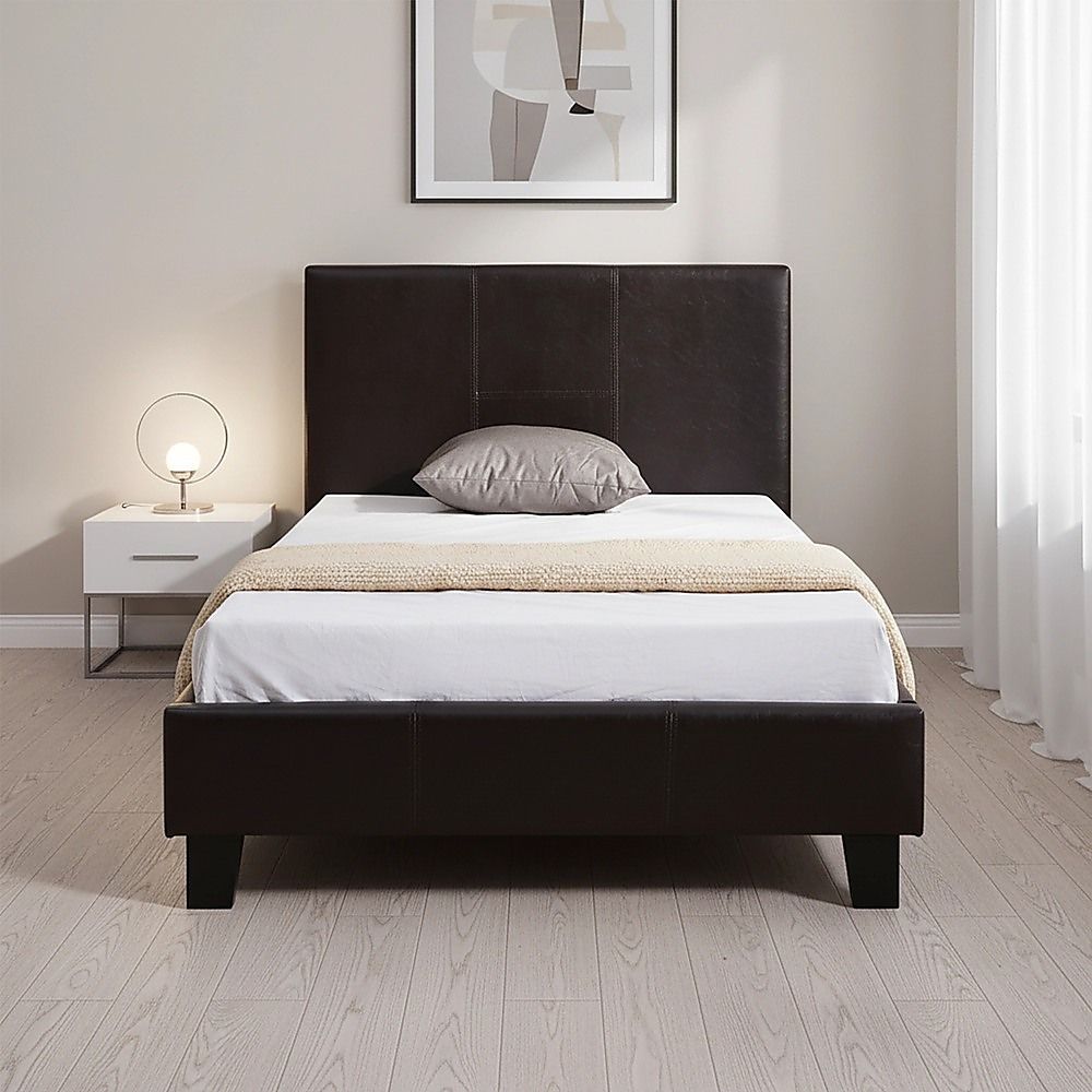 Single Bed Frame PU Leather Upholstered Modern Brown Design