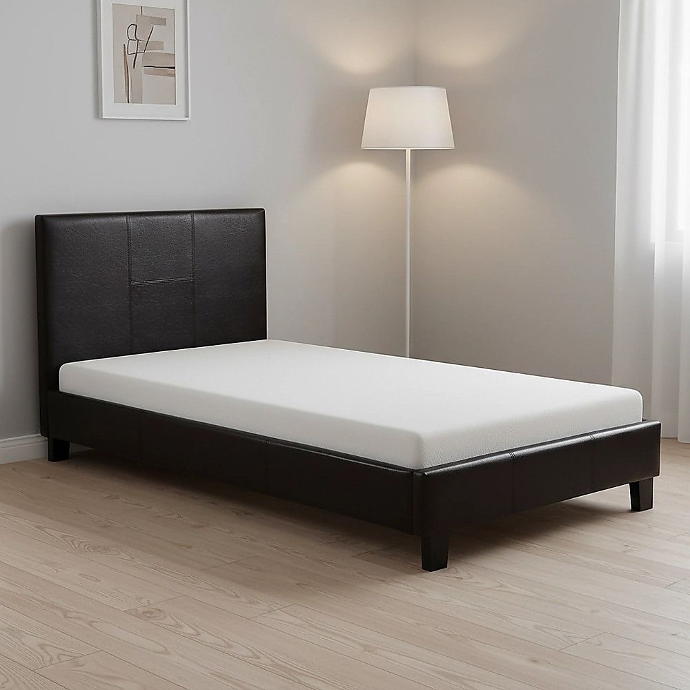 Single Bed Frame PU Leather Upholstered Modern Brown Design