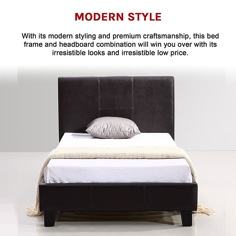 Single Bed Frame PU Leather Upholstered Modern Brown Design