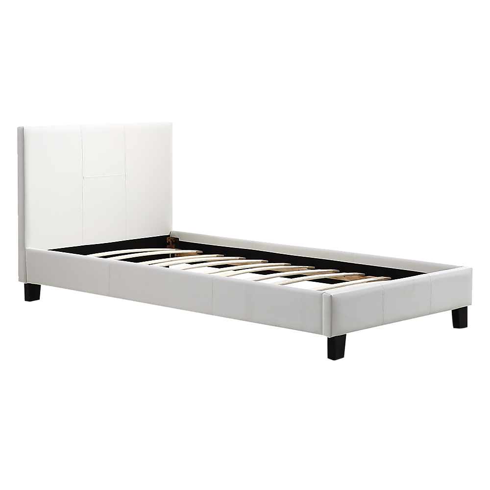 Single Bed Frame PU Leather Upholstered Modern White Design