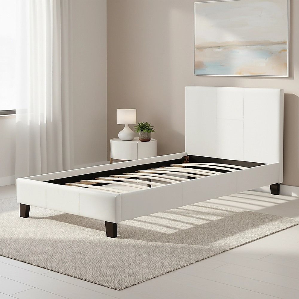 Single Bed Frame PU Leather Upholstered Modern White Design