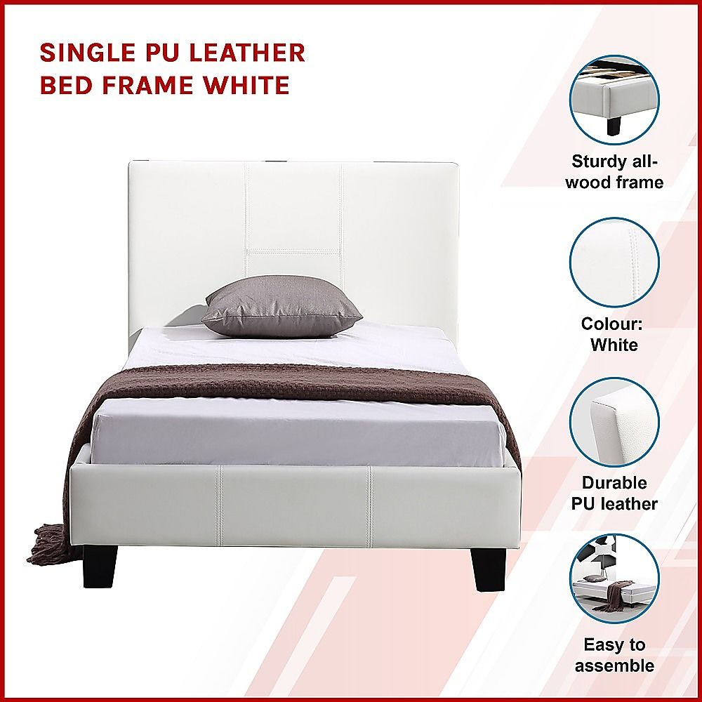 Single Bed Frame PU Leather Upholstered Modern White Design