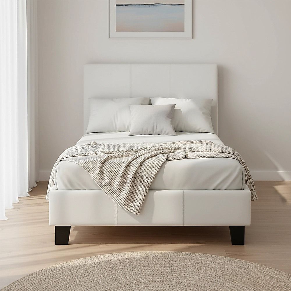 Single Bed Frame PU Leather Upholstered Modern White Design