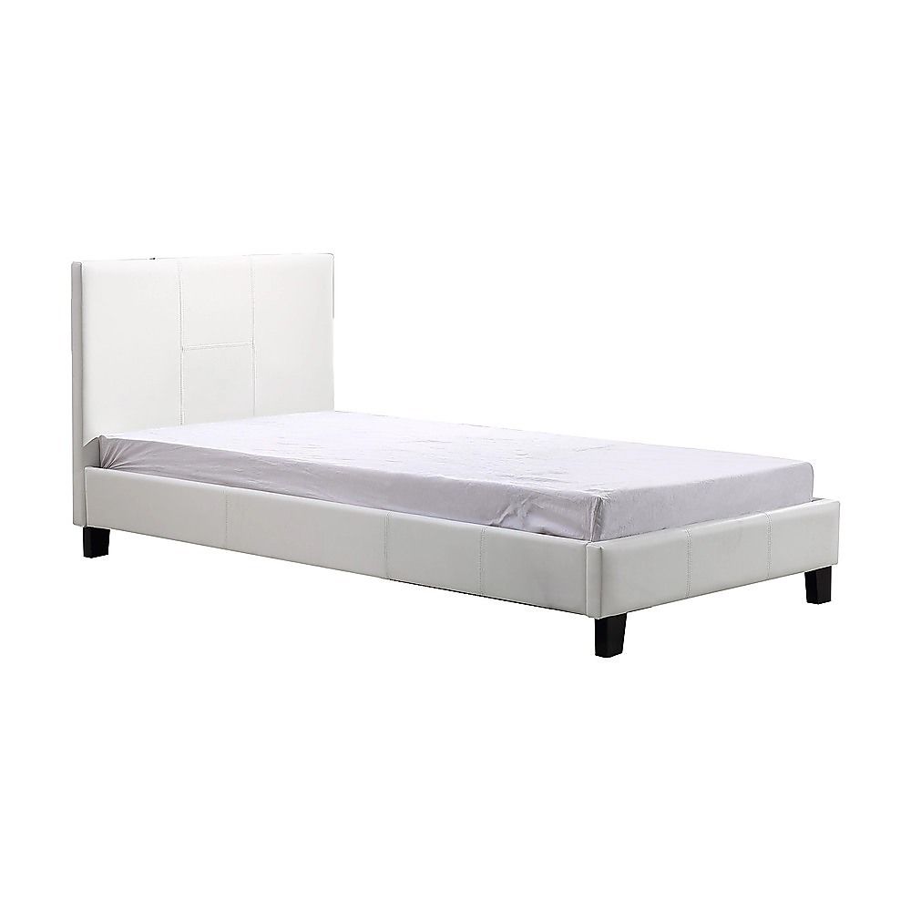 Single Bed Frame PU Leather Upholstered Modern White Design