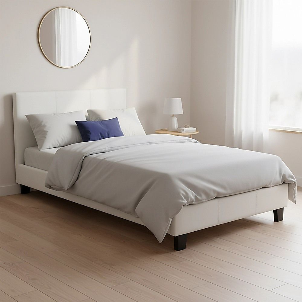 Single Bed Frame PU Leather Upholstered Modern White Design