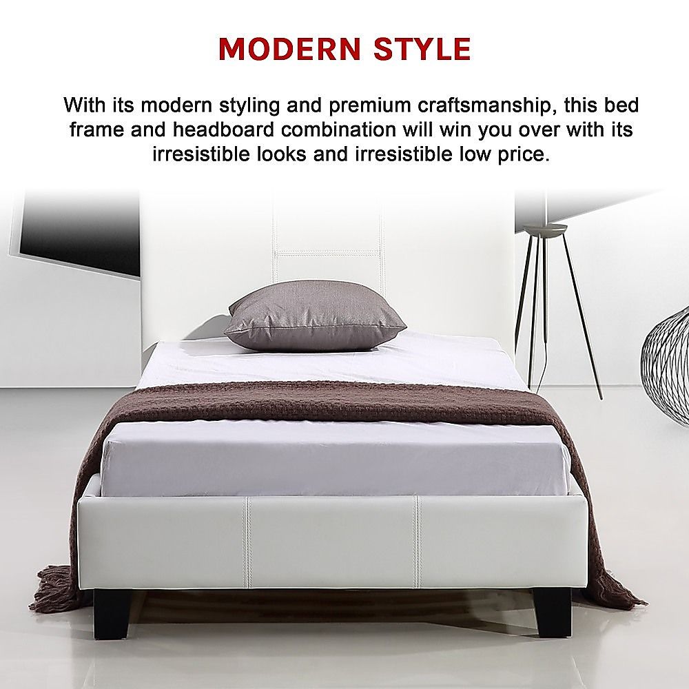 Single Bed Frame PU Leather Upholstered Modern White Design