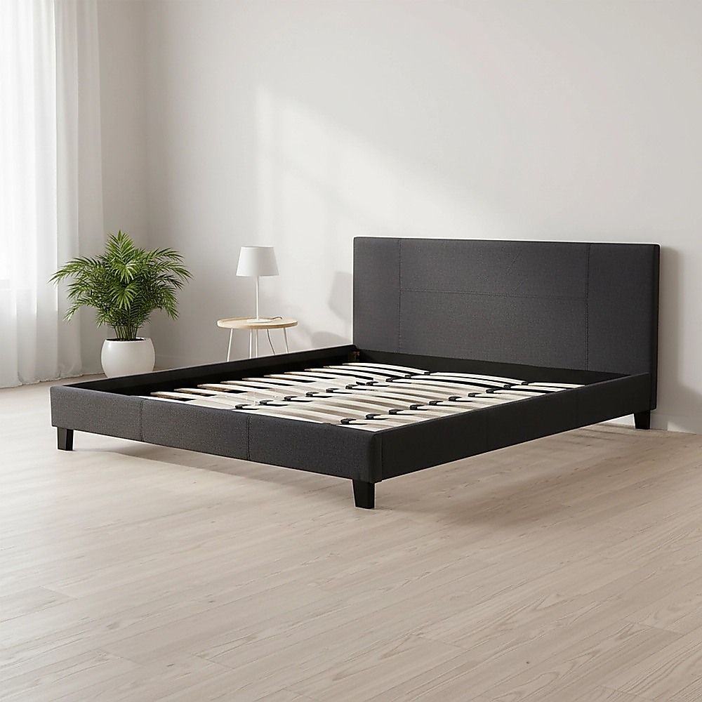King Bed Frame Linen Fabric Upholstered Modern Grey Design