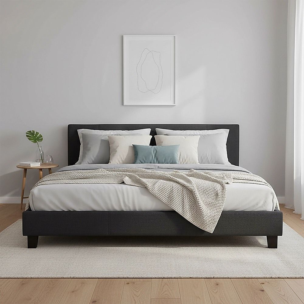 King Bed Frame Linen Fabric Upholstered Modern Grey Design