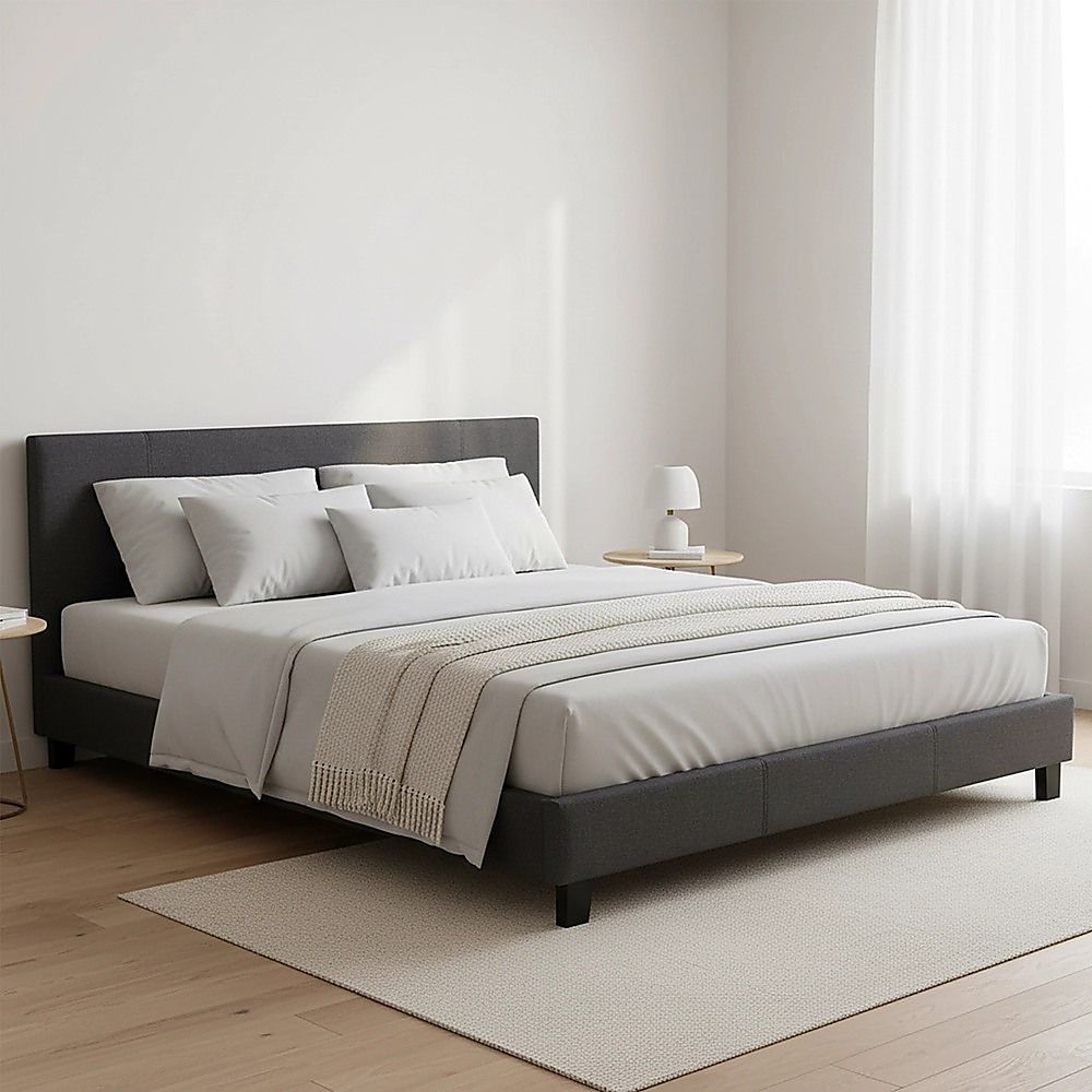 King Bed Frame Linen Fabric Upholstered Modern Grey Design