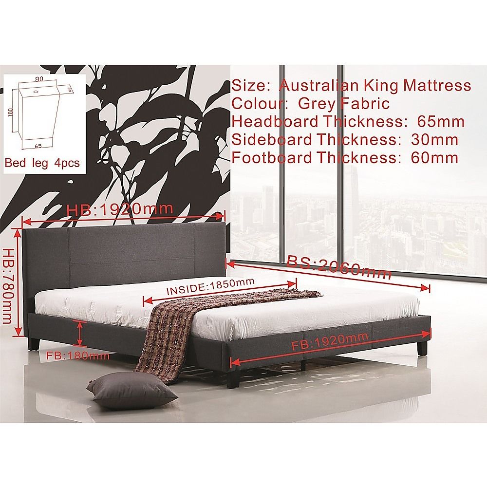 King Bed Frame Linen Fabric Upholstered Modern Grey Design