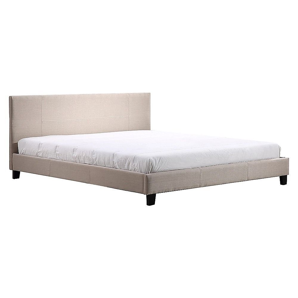 King Bed Frame Linen Fabric Upholstered Modern Beige Design