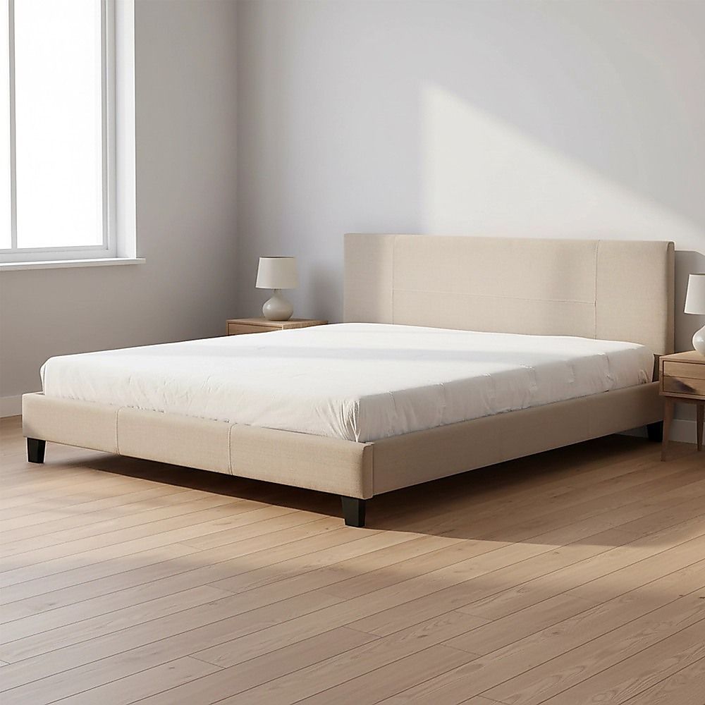 King Bed Frame Linen Fabric Upholstered Modern Beige Design