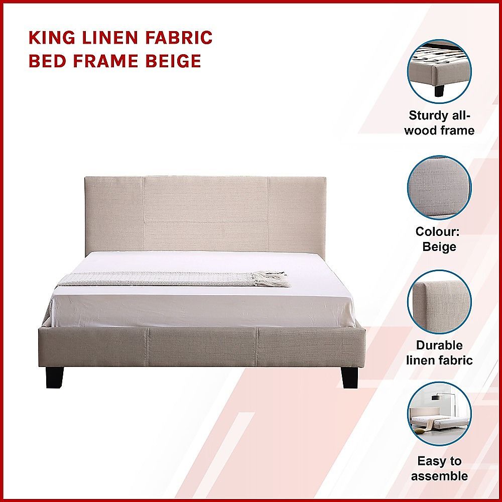 King Bed Frame Linen Fabric Upholstered Modern Beige Design